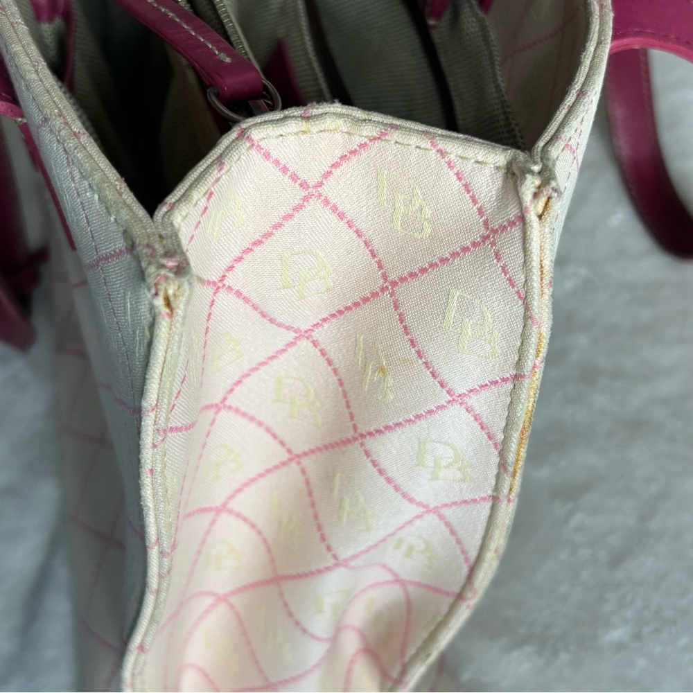 Dooney & Bourke Cream and Pink DB Monogram Tote Pink Leather Trim - Picture 10 of 16